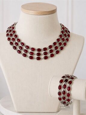 Vintage Banana Republic Red Cabochon Statement Necklace & Bracelet Set